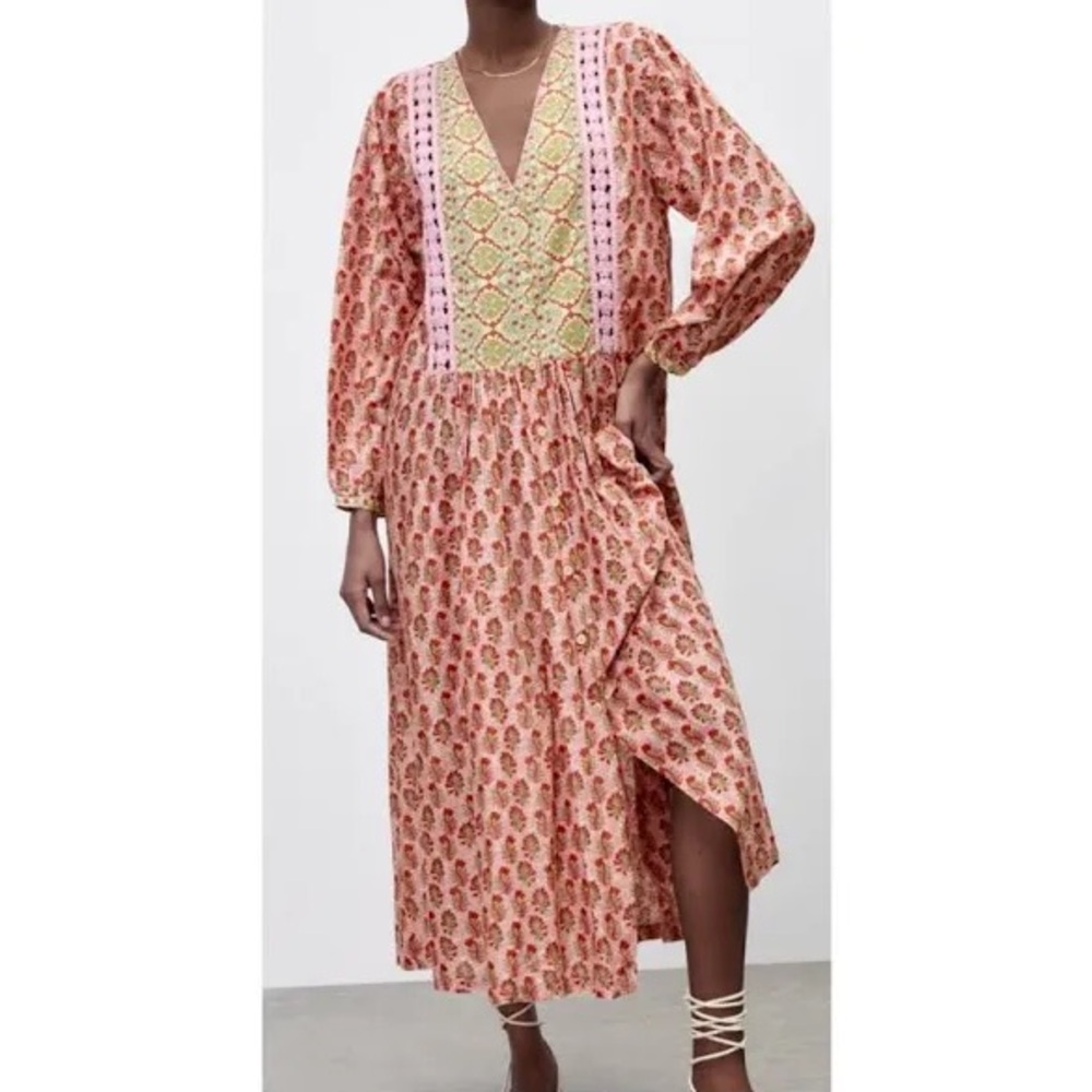 ZARA Cotton Printed Dress Crochet Detail New